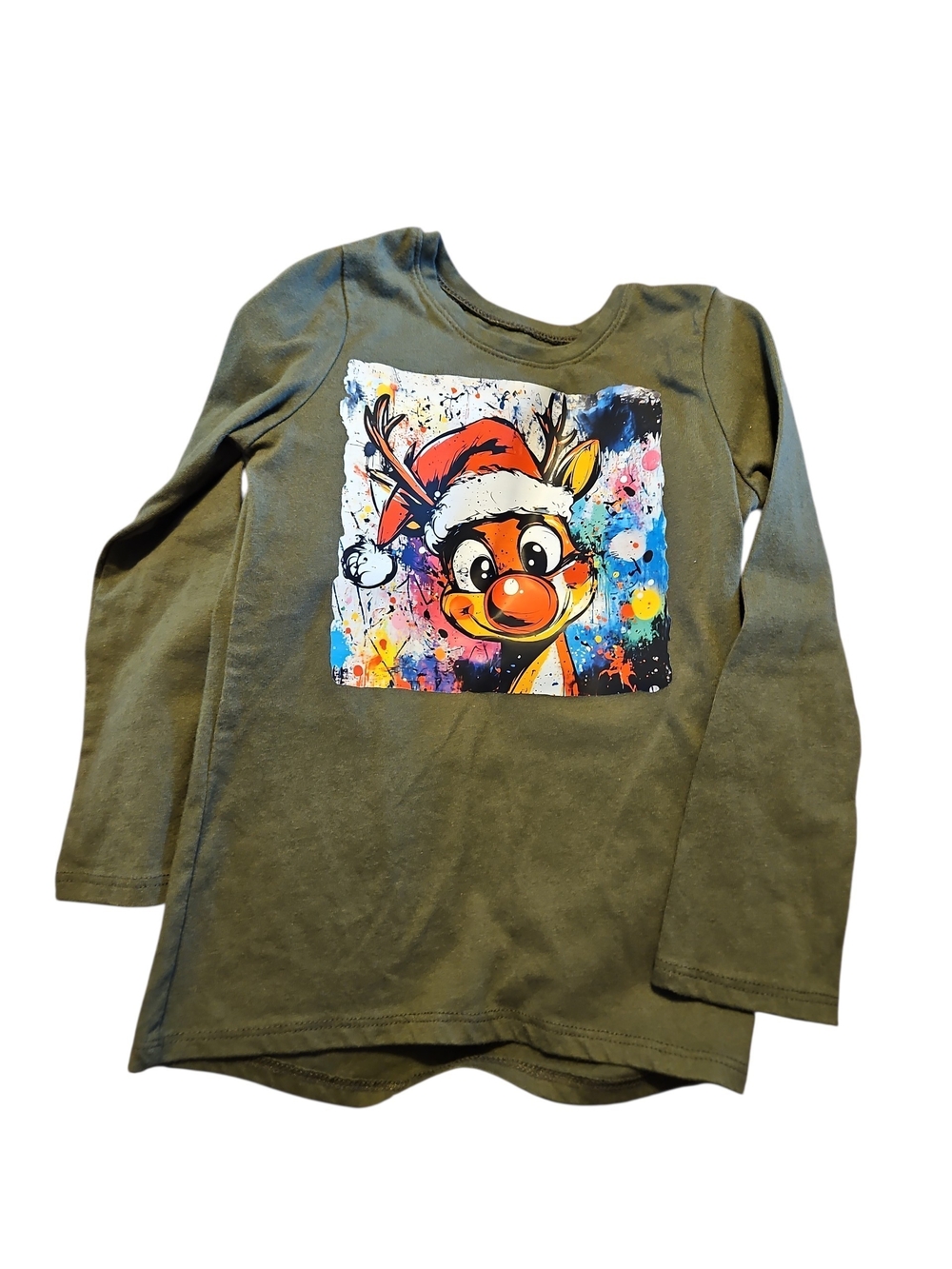 Kids Olive Green Long-Sleeve Reindeer  Rudolph Graphic Tee Size 5t